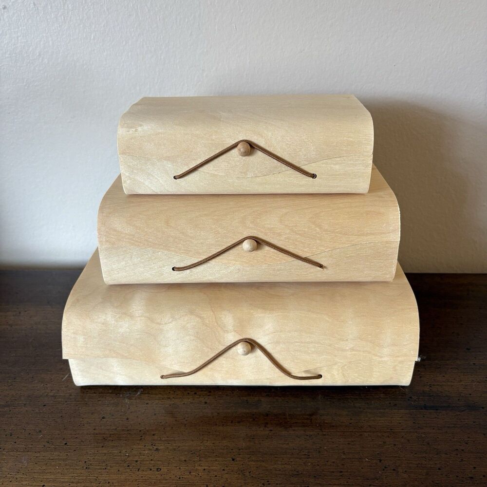 Birch Wooden Nesting Boxes with String Closures Set of 3 Crafts DIY Trinket